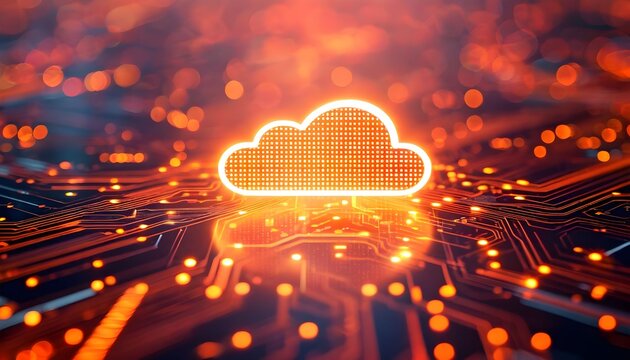 Cloud computing concept with glowing cloud on circuit board.