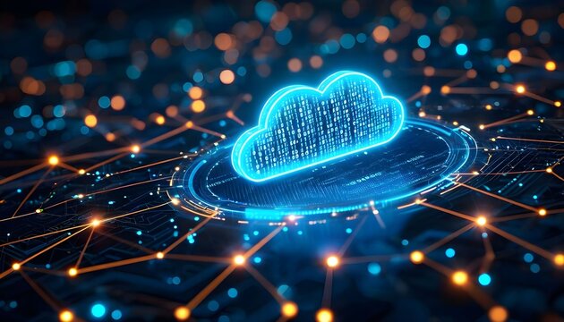 A vibrant blue cloud icon representing cloud computing, surrounded by an intricate digital network of glowing orange and blue connections on a dark background.