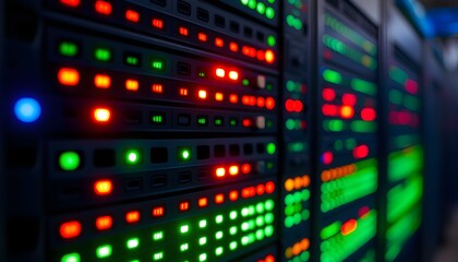Close-up of server racks in a data center with blinking red and green lights indicating network activity and status.