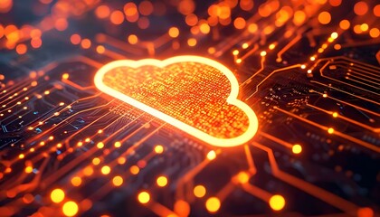 A glowing orange cloud symbol superimposed on a digital circuit board with illuminated nodes, representing cloud computing and technology.