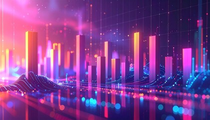 Abstract futuristic city skyline with glowing neon data visualization bars, representing big data analytics, AI, and digital technology
