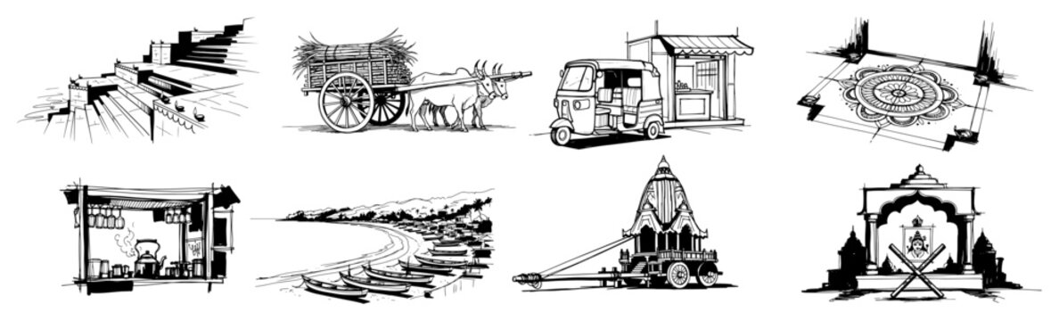 Set of Hand Drawn Sketches of Indian Culture and Life
