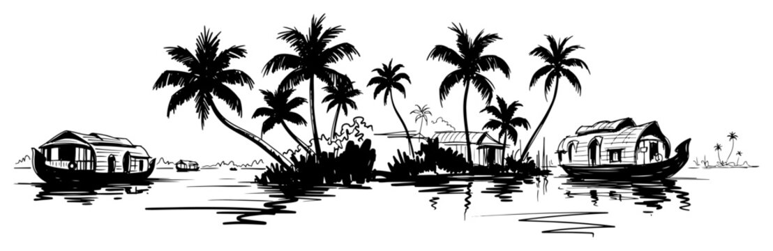 Kerala Backwaters Scene with Houseboats Sketch