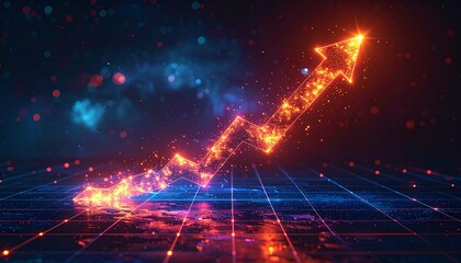 Glowing digital arrow showing upward trend, business growth, financial success, and technological advancement on a futuristic data grid background.