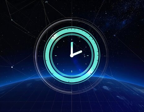 Futuristic clock over a stylized Earth
