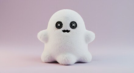 Adorable Fluffy White Ghost Character with Cute Button Eyes and Smiling Mouth