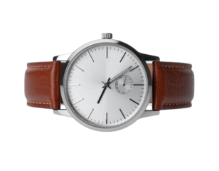 A stylish wristwatch with a brown leather strap showcases a minimalist design with a silver case and white watch face, featuring elegant black hands and subtle markings, set against a stark black...