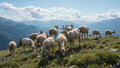 Obraz premium A group of goats grazing on the mountain's summit