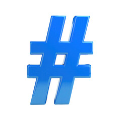 Shiny, three-dimensional blue hashtag symbol isolated against a deep black background, showcasing glossy surfaces and highlighting its digital media design concept.
