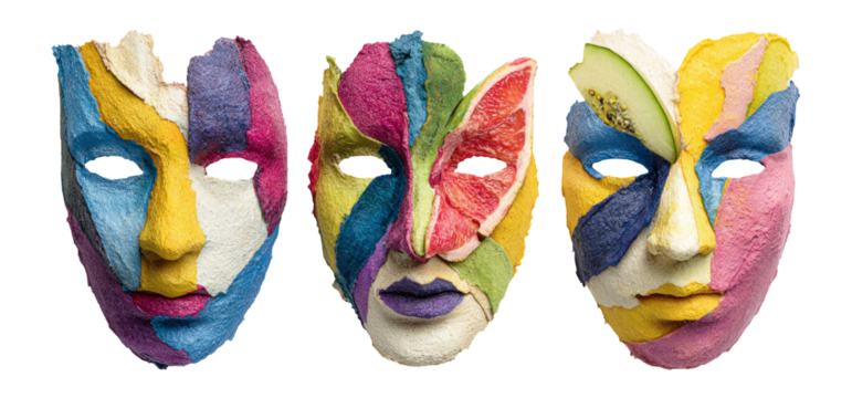 Colorful Artistic Masks with Vibrant Patterns and Fresh Fruit Elements