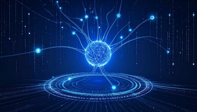 Artificial intelligence neural network concept. Futuristic digital brain with glowing data connections and global big data processing.