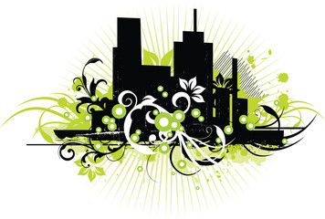 Eco-Friendly Cityscape Graphic

High-Contrast Urban Floral Splatter

Modern Grunge City Life Illustration

Decorative City Banner with Flourish

Abstract Swirls and Skyline Design Element

