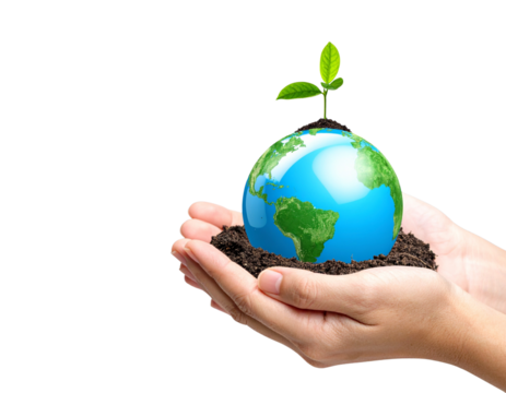  Nurturing Our World – Hands Cradling Globe with Fresh Green Growth for Environmental Awareness PNG