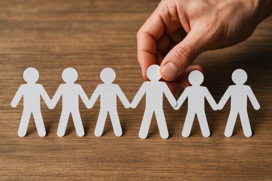 A hand places cut-out figures on a wooden surface, symbolizing connection and unity among people. - Powered by Adobe