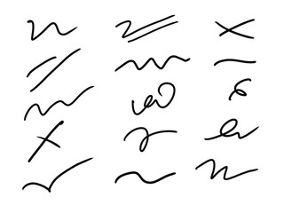 hand drawn scribble check mark underline arrows set and annotations in black line art. checkmarks, crosses, wavy lines, underlines, and loops. digitally correcting documents, highlighting key points,