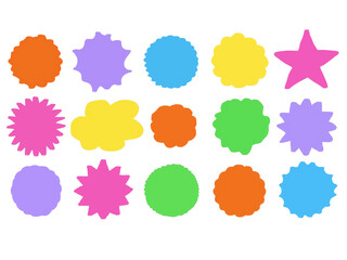 colorful bright sticker shapes and burst labels vector set burst labels collection features jagged circles, wavy edges, and a star or product promotion, digital badges, web design