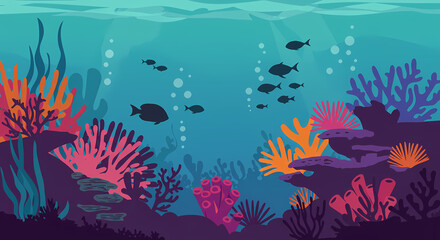 Fototapeta premium Flat Design of Deep Ocean Marine Life Background with Colorful Corals
