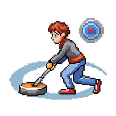 Pixel Art Curling Athlete Character Sprite, 16-bit Retro Winter Sports for RPG Game
