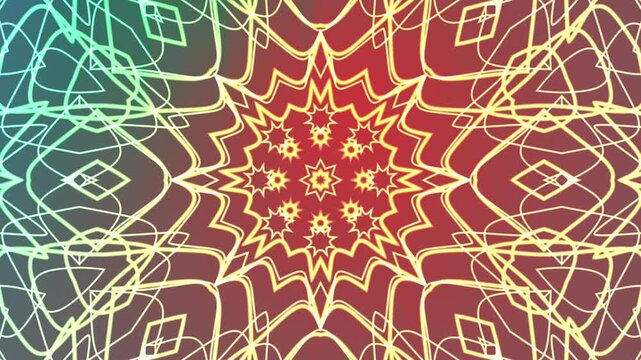 Abstracts Twirls Kaleidoscope A, Animated kaleidoscope pattern with a central starburst design on a colorful gradient background,  royalty free stock.