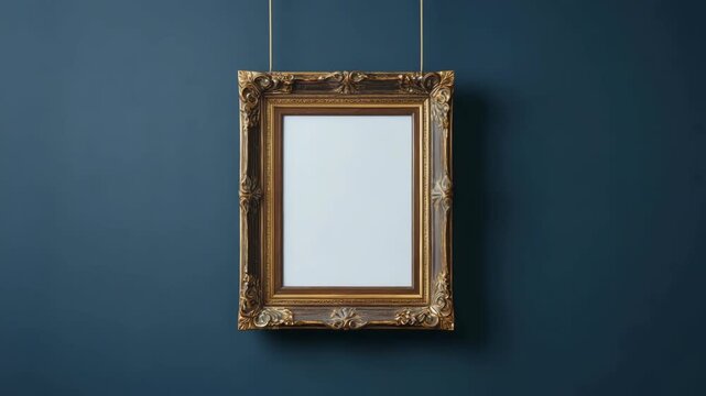 Ornate empty golden frame hanging by wires, realistic style, against a dark blue wall. Concept of art presentation or interior decoration