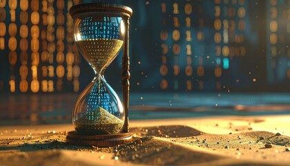 Abstract hourglass with binary code sand, representing digital data, technological time, information flow, and the evolution of the digital era.