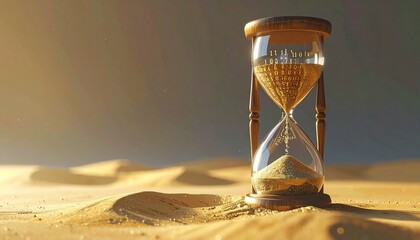 Golden sand flowing in a vintage wooden hourglass, standing on dunes in a sunlit desert. Concept of time, urgency, and ephemerality.