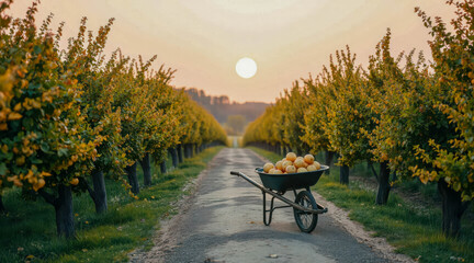 Wheelbarrow filled with oranges resting on a dirt path in an orange grove at sunset
