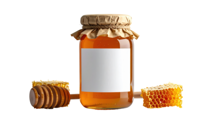 view of a glass jar filled with golden-hued, viscous liquid, sealed with craft paper, accompanied by a wooden dipper and honeycombs, all set against a stark black background.