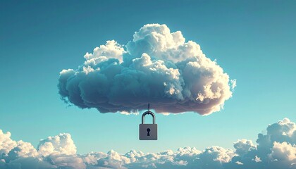 Digital data security concept, featuring a padlock suspended from a fluffy cloud in a bright blue sky, representing safe online storage.