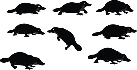 Platypus silhouette vector set, Australian animal illustration, monotreme wildlife clipart, unique creature design, water mammal artwork, exotic species collection