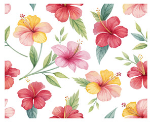 Watercolor Seamless Pattern with Tropical Hibiscus Flowers isolated on white background