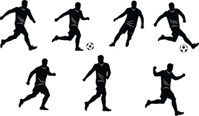 Soccer player silhouette vector set, football action poses, running, kicking, dribbling, sports illustration, athlete clipart, team game design collection