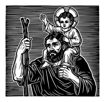 Saint Christopher Carrying The Christ Child in a Woodcut Style