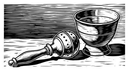 Aspergillum and Holy Water Stoup in a Vintage Engraving Style