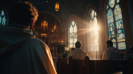 Clergy in white robes celebrating Feast of Francis Xavier inside church with stained glass windows and sunlight during Catholic mass