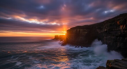 Dramatic Coastal Sunset with Crashing Waves and Golden Light.