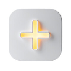 Obraz premium Illuminated plus sign symbol, centered in a soft white square with rounded corners, glows brightly against a stark black backdrop, showcasing a minimalist and modern aesthetic with a soft light...
