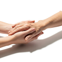 Fototapeta premium Intergenerational support young hands gently cradle aged, wrinkled hands, isolated on white