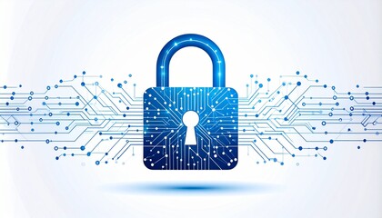 Cybersecurity concept with a glowing blue padlock and abstract circuit board pattern, illustrating digital data protection, privacy, and internet security.