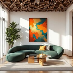 Modern Interior Design: A stylish and inviting living room features a sleek green sofa, contemporary artwork, and a decorative wood ceiling, showcasing a blend of comfort and modern aesthetics.