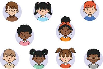 Cartoon children avatars, diverse kids faces, boy and girl portraits, multicultural illustration, vector icons, round profile pictures for education, design