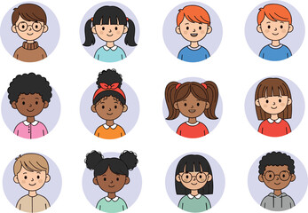 Cartoon children avatars, diverse kids faces, multicultural boys and girls portraits, cute round profile icons, vector illustration for education, design