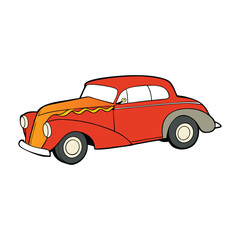 A gleaming 1950s American hot rod, low-slung with chrome details, flames on the side, roaring engine, and classic retro style, ready to hit the open road.
