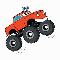A colorful cartoon monster truck soars high in the air, wheels spinning, dirt flying, capturing the thrill of an epic jump full of fun and action-packed excitement!

