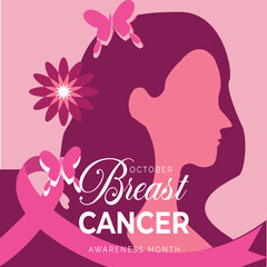 Breast cancer awareness illustration with pink ribbon and butterflies
