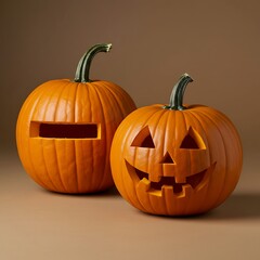 Two carved pumpkins sit on a tan surface, one with a traditional smiling face and the other with a rectangular opening, creating a festive Halloween atmosphere.