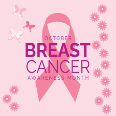 Pink ribbon breast cancer awareness month with butterflies and flowers