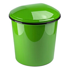 Featuring a vibrant green trash can with a glossy finish, this  shot showcases its rounded design, black trim, and the reflective qualities against a stark black background, highlighting its simple...