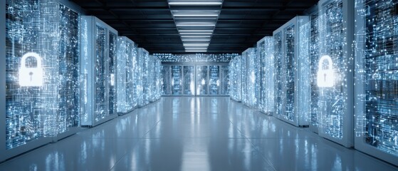 Secured Server Room: A cutting-edge server room showcases digital data security, featuring rows of powerful servers illuminated with a futuristic glow.