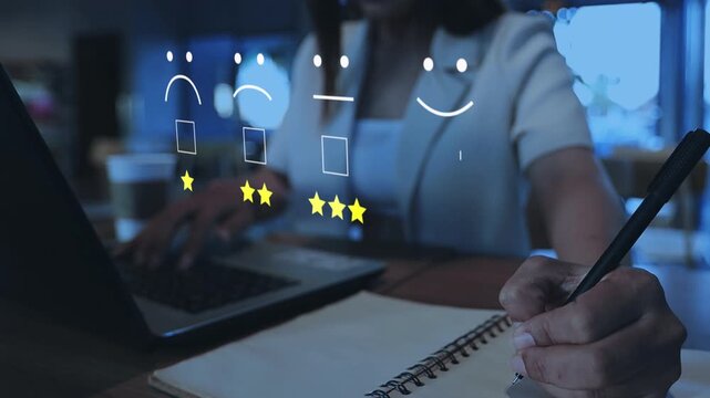5 star rating or review in survey, poll, questionnaire or customer satisfaction research. Happy businesswoman giving positive feedback with abstract five stars. Service recommendation.